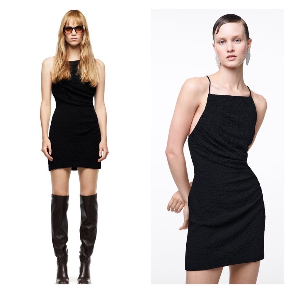 NWT ZARA Textured Strappy Back Bodycon Mini Dress‎ S Black